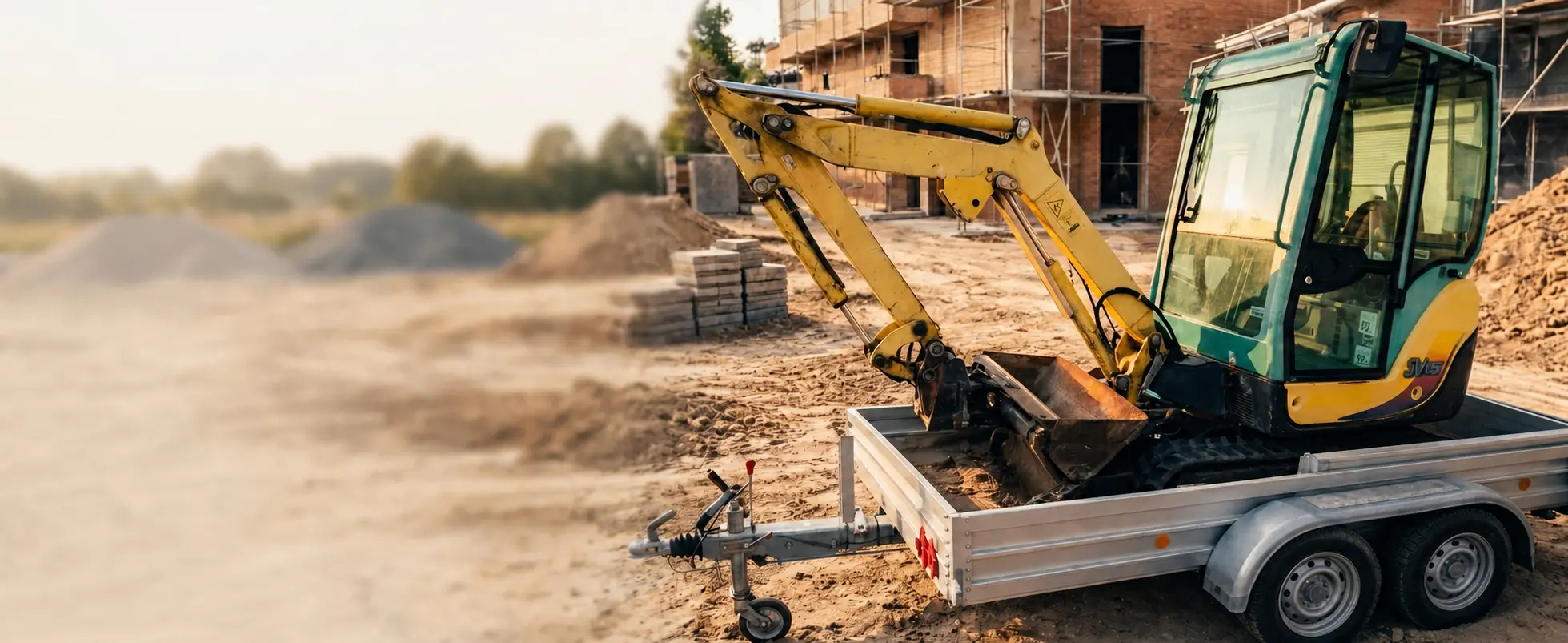 Minibagger Yanmar auf Anhänger vor Baustelle in Sereetz / Ostholstein