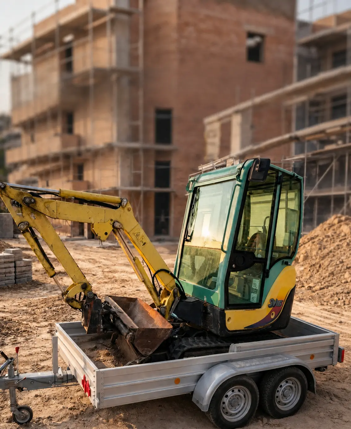 Minibagger Yanmar auf Anhänger vor Baustelle in Sereetz / Ostholstein